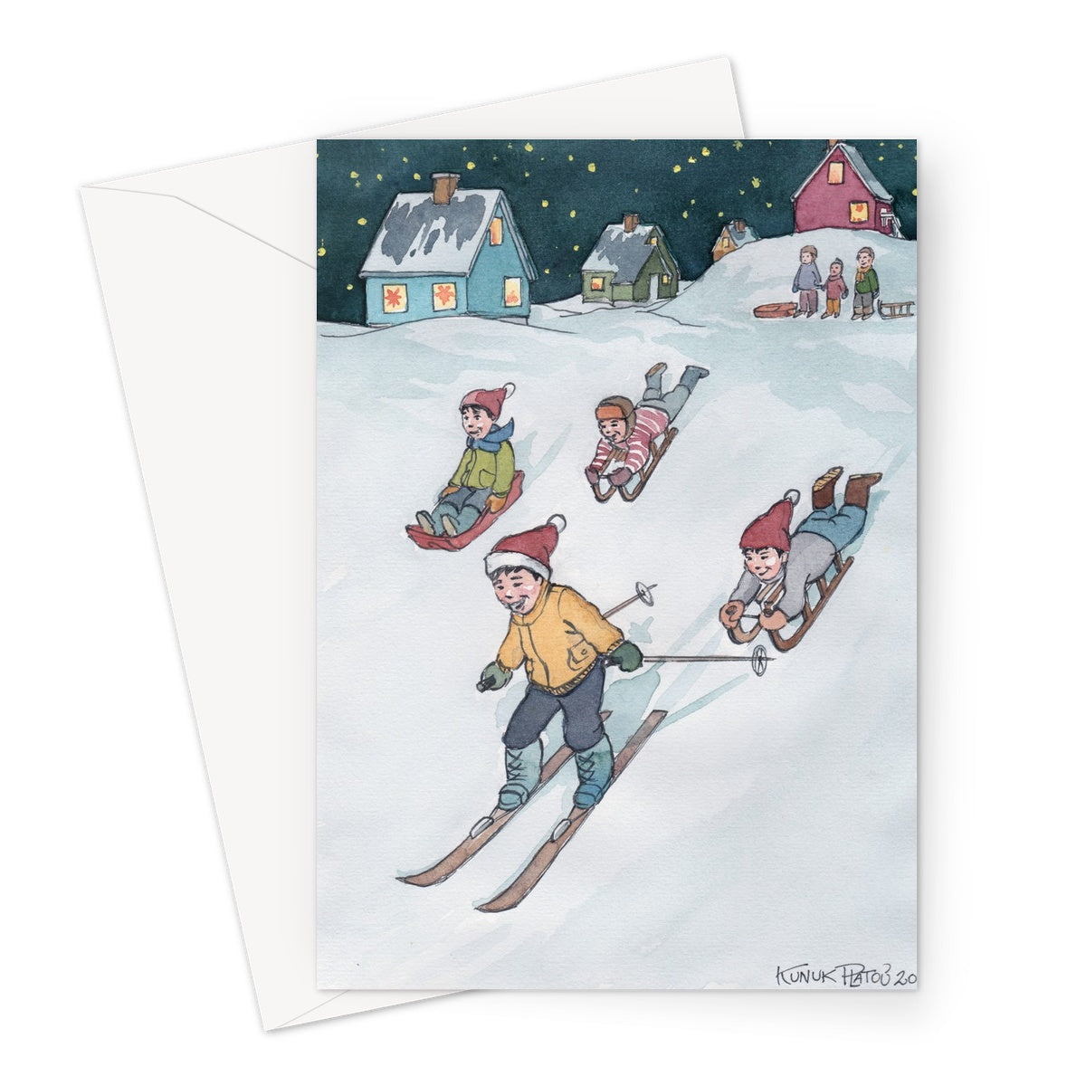 "Christmas happiness in the Village" Greeting Card - Inu-Art